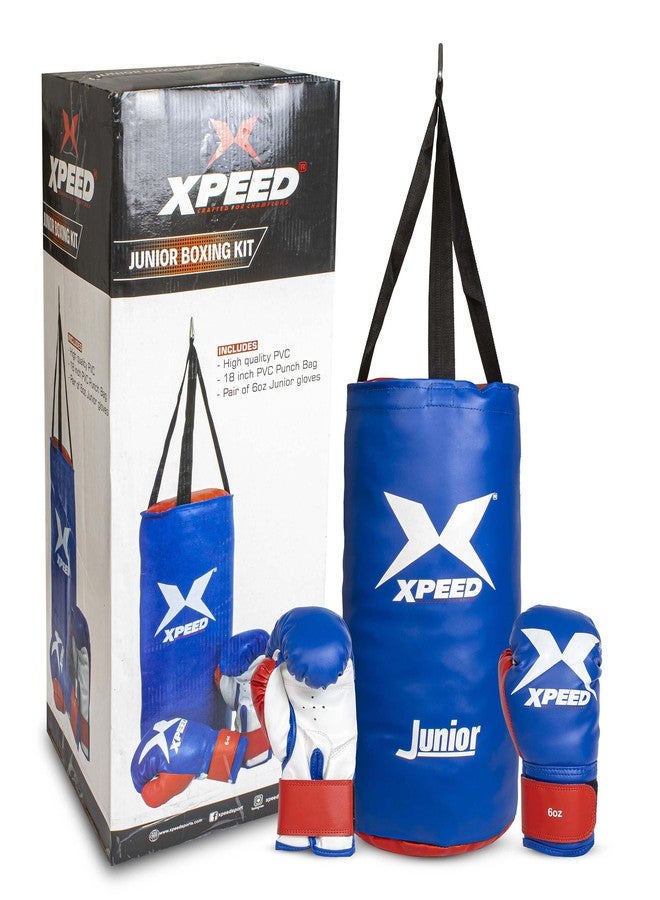 Xpeed Junior Boxing Kit ||PVC Kit || A 18 inch PVC Punch Bag,A Pair of 6 oz Junior Gloves and Extra Wide Velcro wrap (Blue/Red) STD - Image 1