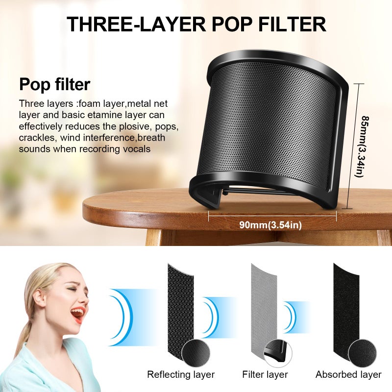 Aokeo Pop Filter, [Upgraded Three Layers] Metal Mesh & Foam & Etamine Layer Microphone Windscreen Cover Handheld Mic Shield Mask,Microphone Accessories for Vocal Recording,YouTube Videos,Streaming - Image 3