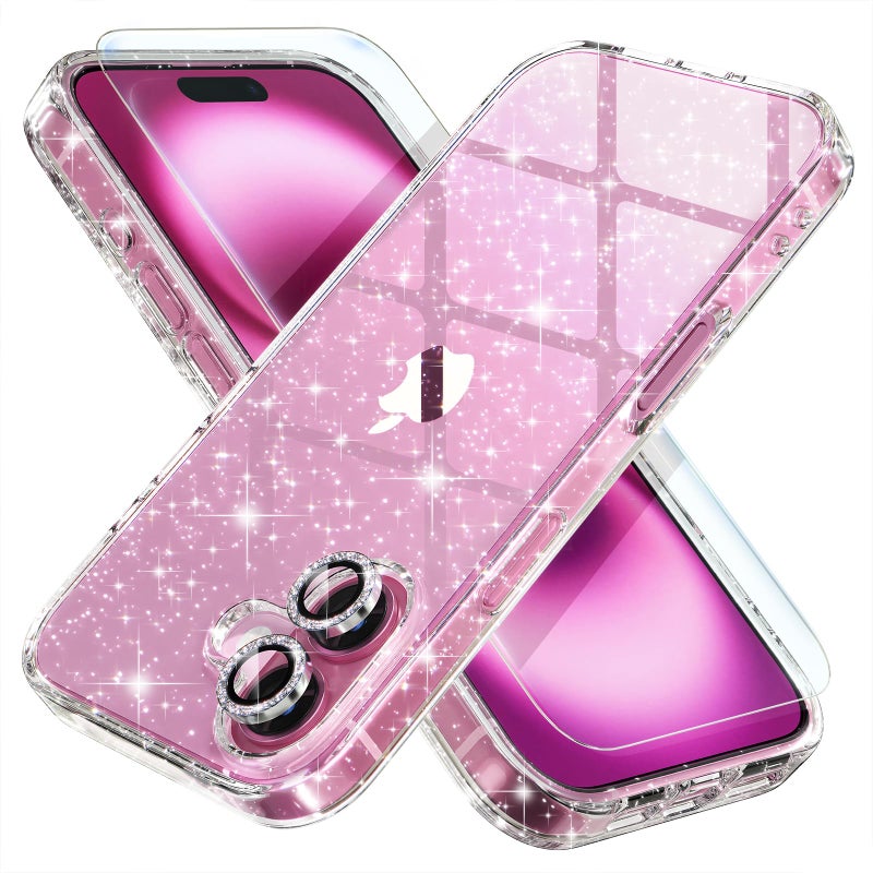 Choiche Compatible for iPhone 16 Case, Women Cute Clear Glitter Bling Sparkly Case, [2 x Diamond Camera Lens Protectors] [2 x Tempered Glass Screen Protectors] 6.1-inch (Glitter Clear) - Image 1