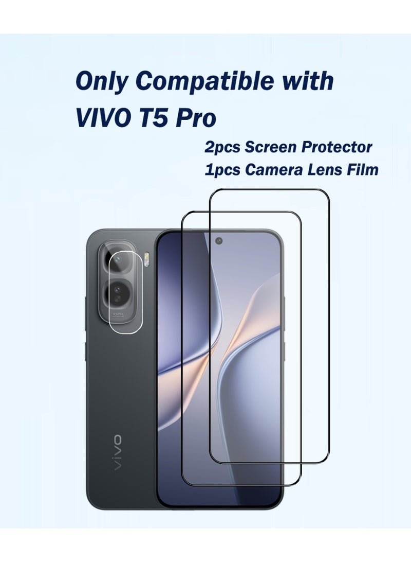 Yunpy [2+1 Packs] for VIVO T5 Pro Tempered Glass Screen Protector with Camera Lens Film, Including 2 Pack Front Glass and 1 Pack Camera Lens Film, 9H Hardness HD Clear Anti-Scratch Anti-Fingerprint Bubble-Free Case Friendly Screen Protector - Image 2