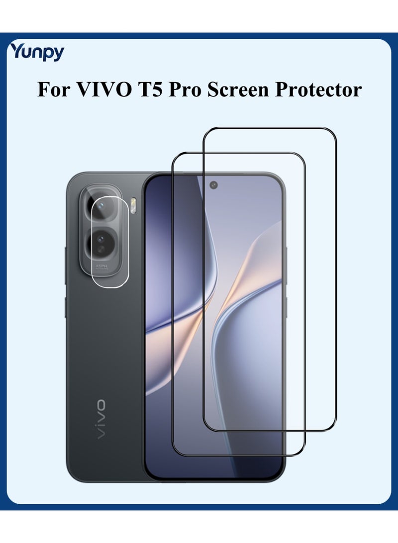 Yunpy [2+1 Packs] for VIVO T5 Pro Tempered Glass Screen Protector with Camera Lens Film, Including 2 Pack Front Glass and 1 Pack Camera Lens Film, 9H Hardness HD Clear Anti-Scratch Anti-Fingerprint Bubble-Free Case Friendly Screen Protector - Image 1