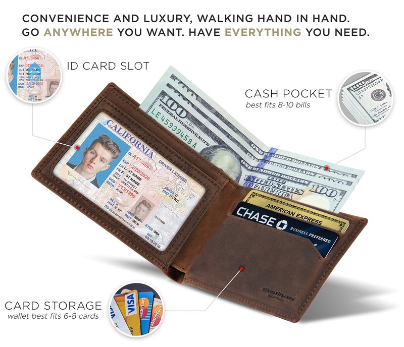 SERMAN BRANDS محفظة سیرمان براندز للرجال رقيقة ثنائية الطي مع حجب RFID - محفظة أمامية أنيقة ورقيقة باللون البني تكساس النخبة - Image 5
