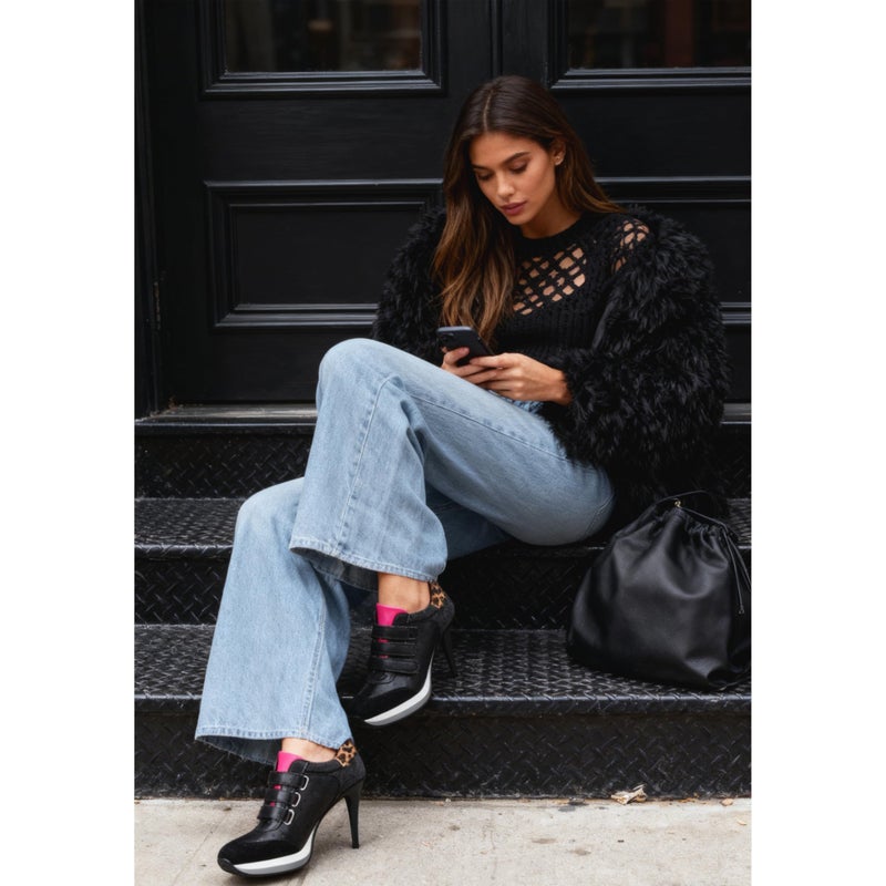 Wnshonzy Sneaker Heels for Women High Heel Black Suede Leather Tennis Shoes Sport Dressy Round T-Toe Comfort Stiletto Style Fashion Hook&Loop Vintage Platform Y2k - Image 2