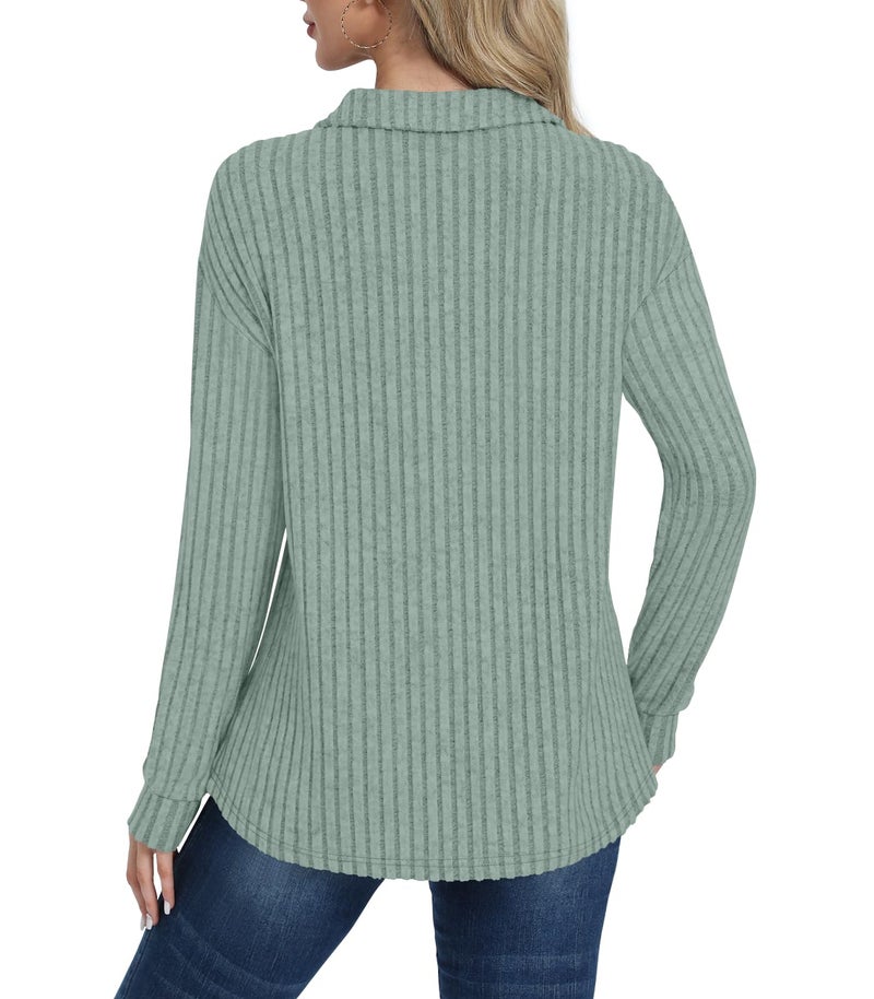 DB MOON Womens Long Sleeve Collared Shirt Lightweight Striped Sweaters 2026 Fall Blouses Business Casual Tops with Pockets XL Light Green - Image 2