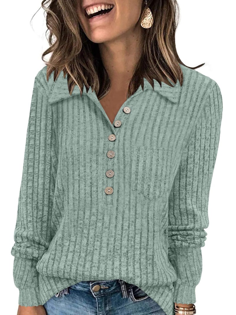 DB MOON Womens Long Sleeve Collared Shirt Lightweight Striped Sweaters 2026 Fall Blouses Business Casual Tops with Pockets XL Light Green - Image 1