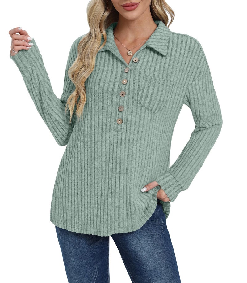 DB MOON Womens Long Sleeve Collared Shirt Lightweight Striped Sweaters 2026 Fall Blouses Business Casual Tops with Pockets XL Light Green - Image 3