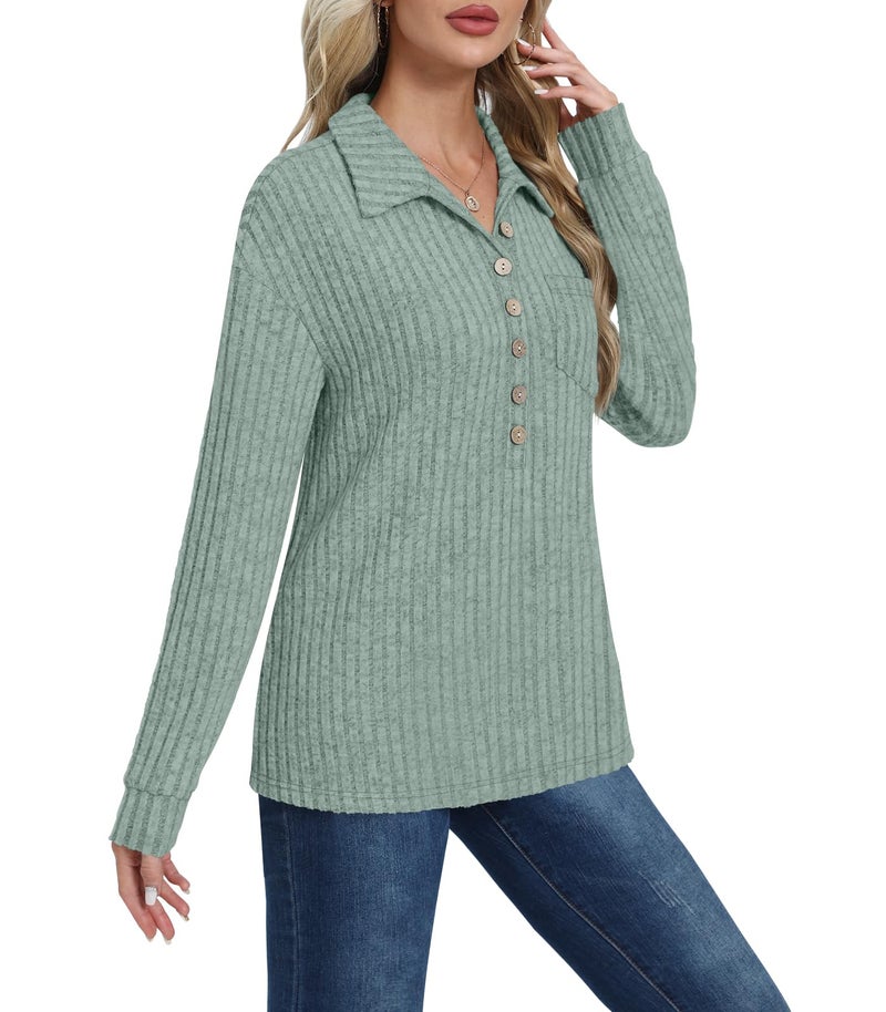 DB MOON Womens Long Sleeve Collared Shirt Lightweight Striped Sweaters 2026 Fall Blouses Business Casual Tops with Pockets XL Light Green - Image 4