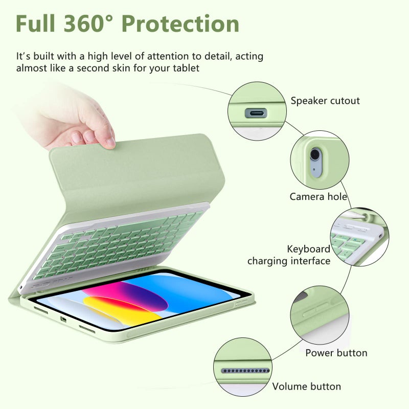 MMK for iPad 11th 10th Generation Case with Keyboard (2022, 10.9"), Wireless Detachable Keyboard, Pencil Holder for iPad 11 inch (A16 2025), 10th Gen (10.9 Inch 2022) Green - Image 5