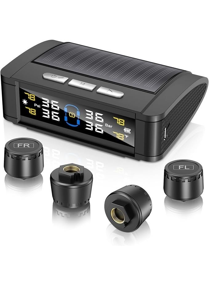 Tire Pressure Monitoring System (w/Language Alarm Modes),Tire Pressure Monitor System with Solar Charge,Trailer TPMS with 4 Sensors,Tire Temperature Detector w/Color LCD Display,for Sedan SUV RV - Image 1