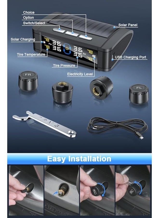 Tire Pressure Monitoring System (w/Language Alarm Modes),Tire Pressure Monitor System with Solar Charge,Trailer TPMS with 4 Sensors,Tire Temperature Detector w/Color LCD Display,for Sedan SUV RV - Image 2
