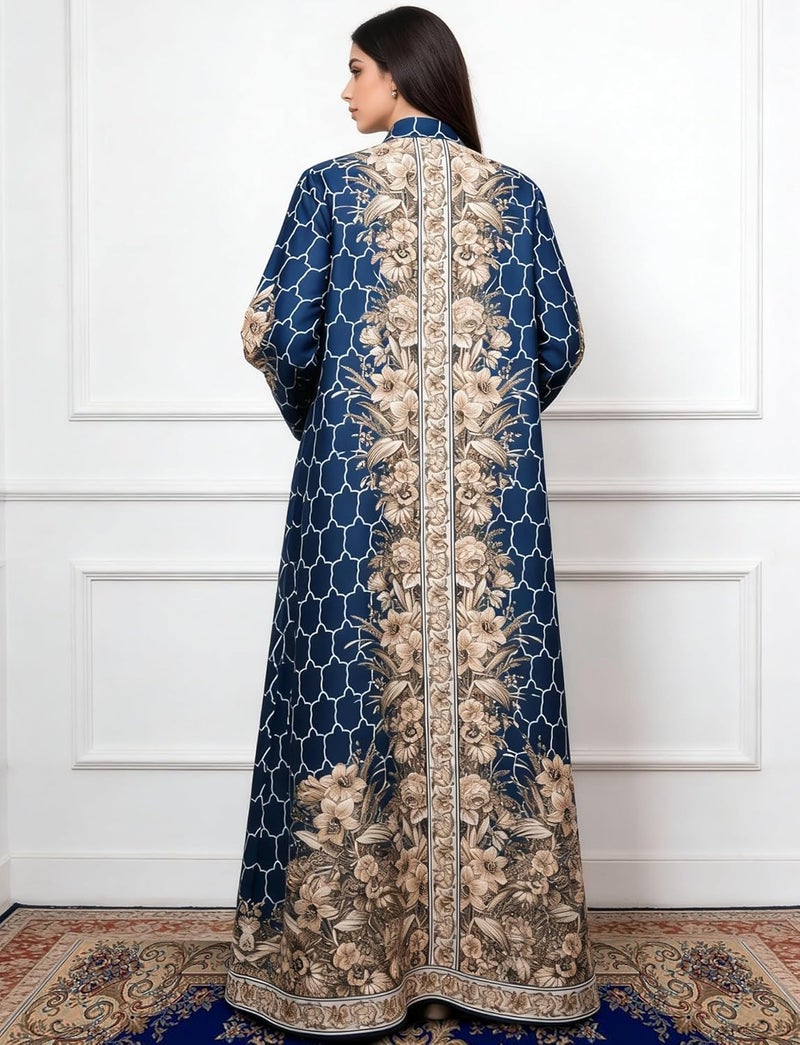 SEAUR Women's Long Sleeve Maxi Robe - Blue Arabian Printed Kaftan for Modest Attire - Image 3