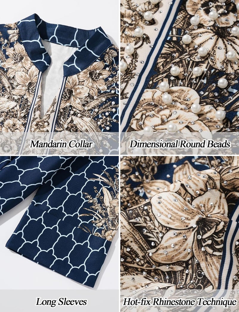 SEAUR Women's Long Sleeve Maxi Robe - Blue Arabian Printed Kaftan for Modest Attire - Image 4