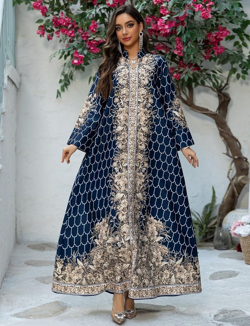SEAUR Women's Long Sleeve Maxi Robe - Blue Arabian Printed Kaftan for Modest Attire - Image 2
