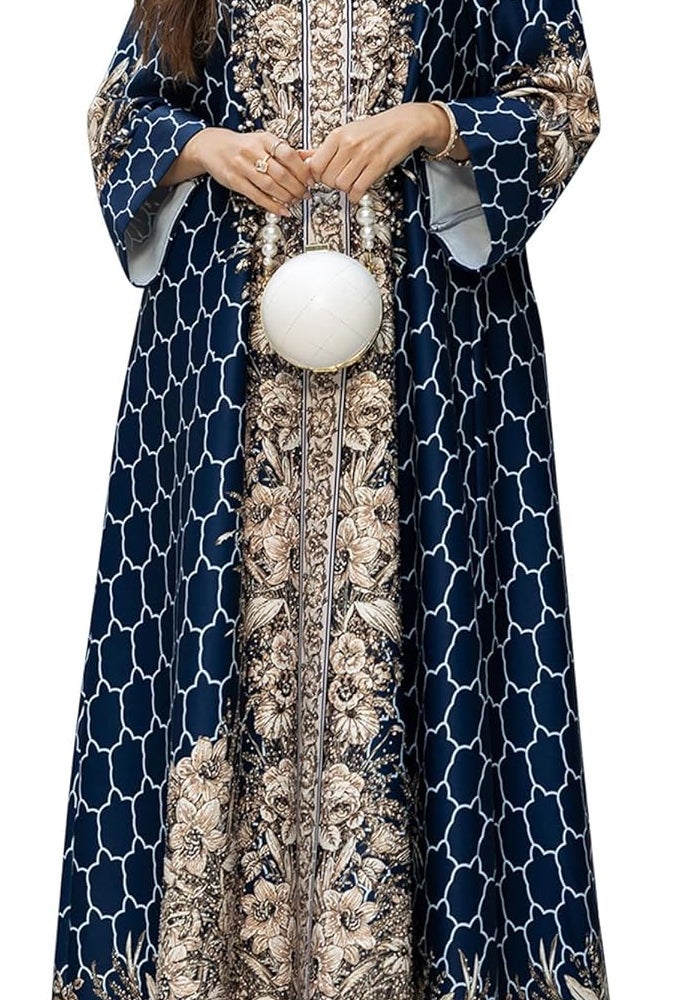 SEAUR Women's Long Sleeve Maxi Robe - Blue Arabian Printed Kaftan for Modest Attire - Image 1