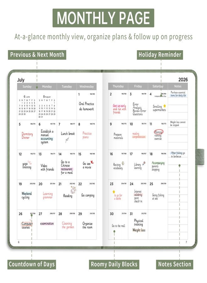 EMSHOI Pocket Calendar 2026-2027, Small Mini Academic Planner Weekly and Monthly, July 2026-June 2027, School Student Teacher Agenda, Leather Hardcover, 100GSM Paper, Tabs, A6 4.3"x6", Light Green - Image 4