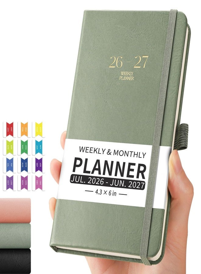 EMSHOI Pocket Calendar 2026-2027, Small Mini Academic Planner Weekly and Monthly, July 2026-June 2027, School Student Teacher Agenda, Leather Hardcover, 100GSM Paper, Tabs, A6 4.3"x6", Light Green - Image 1
