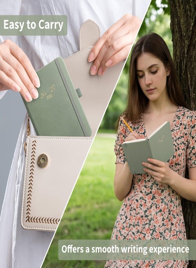 EMSHOI Pocket Calendar 2026-2027, Small Mini Academic Planner Weekly and Monthly, July 2026-June 2027, School Student Teacher Agenda, Leather Hardcover, 100GSM Paper, Tabs, A6 4.3"x6", Light Green - Image 2