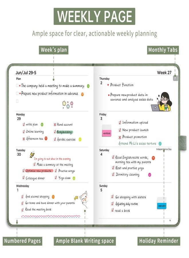EMSHOI Pocket Calendar 2026-2027, Small Mini Academic Planner Weekly and Monthly, July 2026-June 2027, School Student Teacher Agenda, Leather Hardcover, 100GSM Paper, Tabs, A6 4.3"x6", Light Green - Image 3