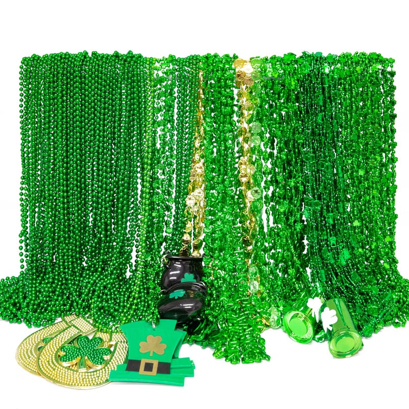 EOBOH 144PCS St Patricks Day Necklace Beads 11 Kinds of St Patricks Beads Metallic Irish Shamrock Beer Mug Coins Pendants Accessories St Patricks Necklaces Bulk for Parade Party Supplies Favors - Image 3