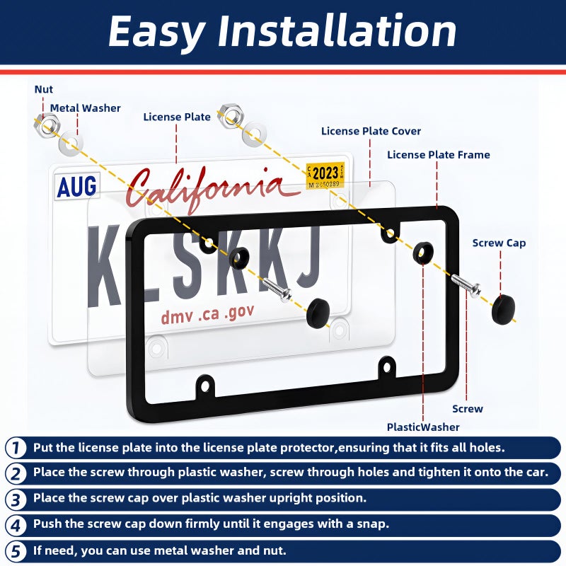 SEARART 2 Pack License Plate Covers Frames : Rust-Proof Car License Plates Shields Holder -with Screw Caps - Clear License Plate Protector for US Standard Cars - Image 4