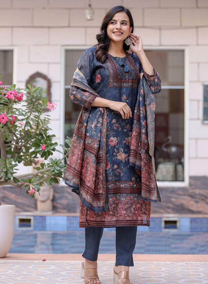 Swadesh Souq Chanderi Silk Kurta Pant Set with Dupatta - Image 3