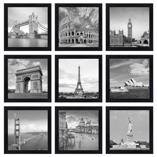 eletecpro 8x8 Picture Frames Set of 9 with Clear Acrylic Cover, Display 4x4 Photos with Mat or 8x8 Without, Classic and Sturdy Square Collage Gallery Wall Decor, Easy Wall Mount, Black - Image 1