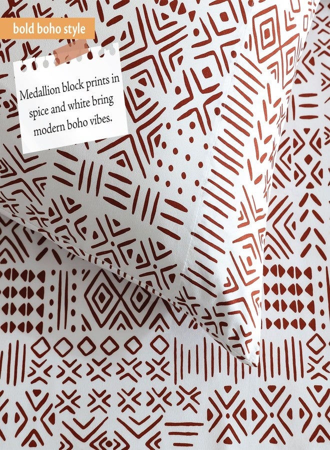 Indigo Ink إنديجو إنك - طقم ملاءات كامل الحجم، 4 قطع، مفروشات بنمط هندسي بوهيمي، ناعمة ومقاومة للتجاعيد (مجموعة الدنيم الأبيض، سبايس) - Image 4