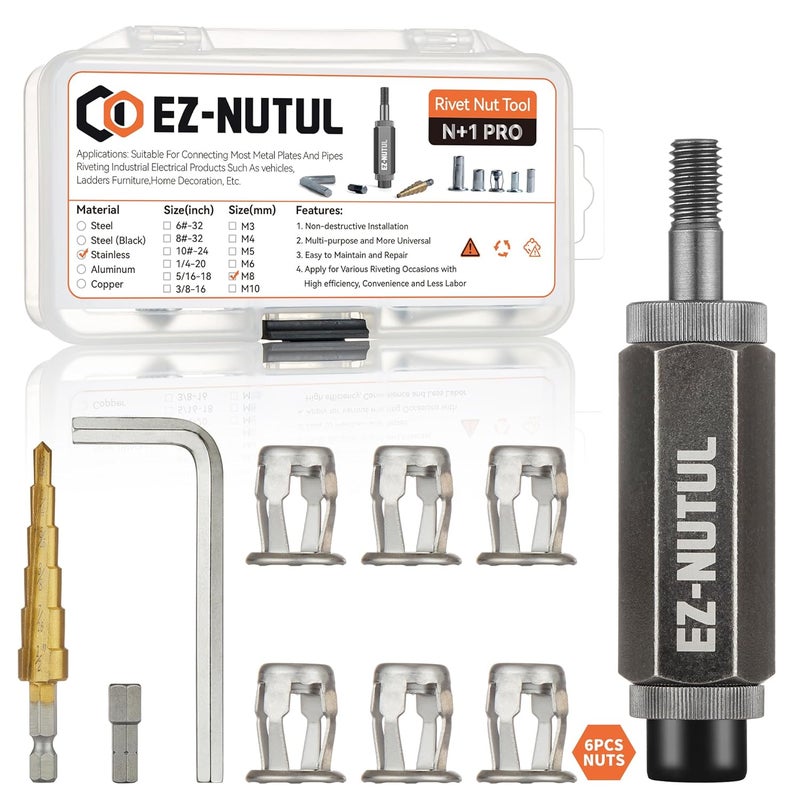 EZ-NUTUL Jack nut Installation Tool Set Hand Thread Insert Jacknuts Assortment Kit for Thin Metal Plastic Polywood Pressboard Hardboard (M8 (Jack Nut Tool-6pcs, Stainless)) - Image 1