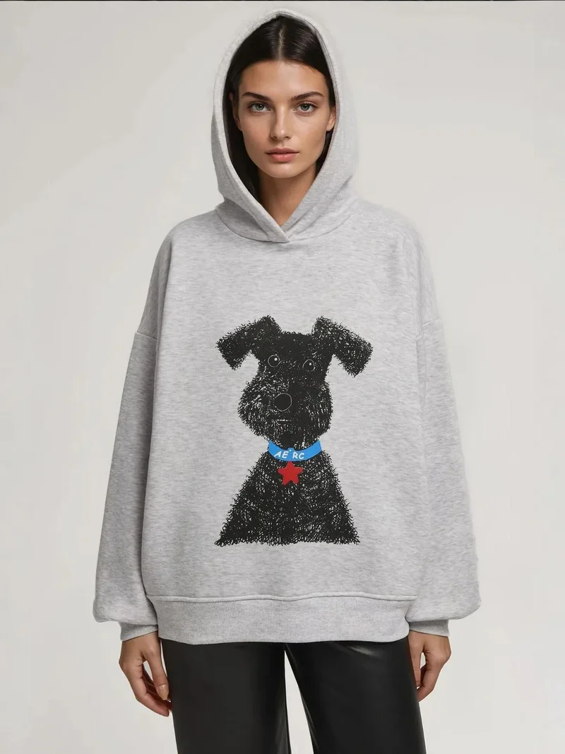 HICCUP Grey Oversized Printed Hooded Sweatshirt for Women | Best Price UAE