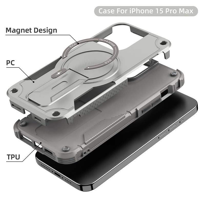 US LITE Back Cover for iPhone 15 Pro Max with Portable Kickstand | Mag-Safe Compatible Magnetic Case | Shockproof Military Grade Protection | Extreme Protection Phone Cover – Grey - Image 4