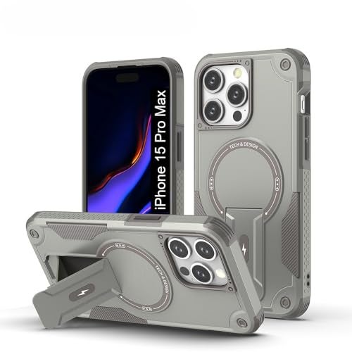 US LITE Back Cover for iPhone 15 Pro Max with Portable Kickstand | Mag-Safe Compatible Magnetic Case | Shockproof Military Grade Protection | Extreme Protection Phone Cover – Grey - Image 1
