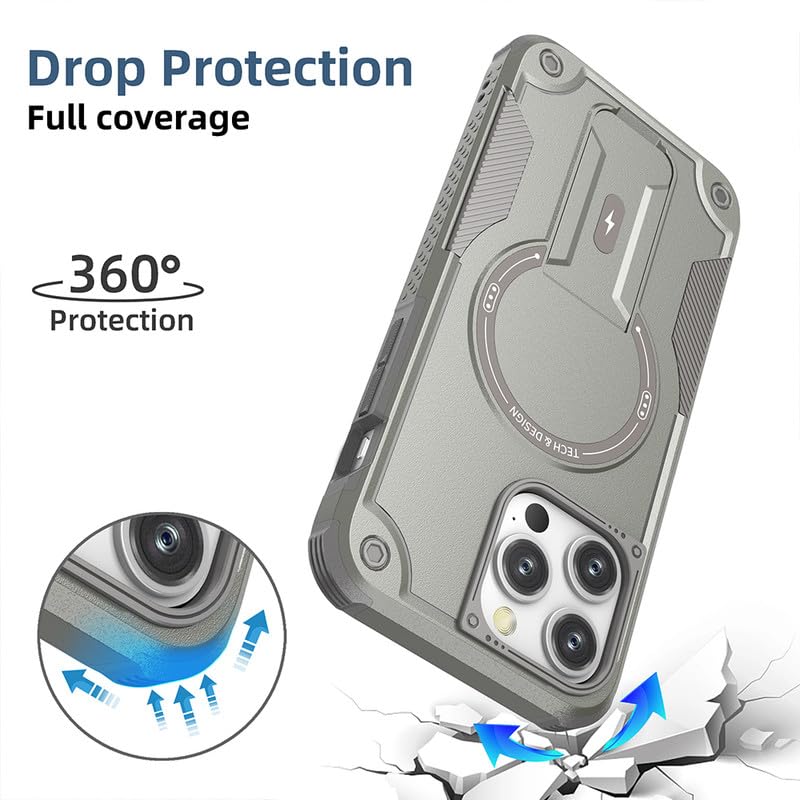 US LITE Back Cover for iPhone 15 Pro Max with Portable Kickstand | Mag-Safe Compatible Magnetic Case | Shockproof Military Grade Protection | Extreme Protection Phone Cover – Grey - Image 3
