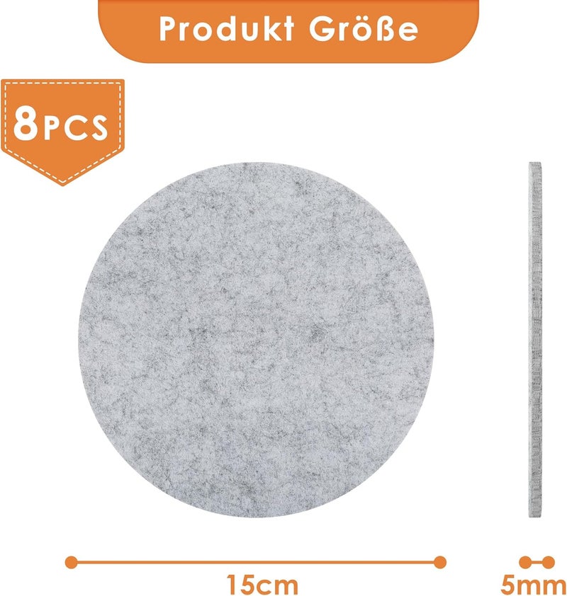 SOSMAR Pack of 8 Felt Coasters, Felt Underlay for Pots, Glasses, Plates and Vases - Round Diameter 15 cm x 5 mm Coasters Felt Table Protectors Table Coasters (Light Grey) - Image 3