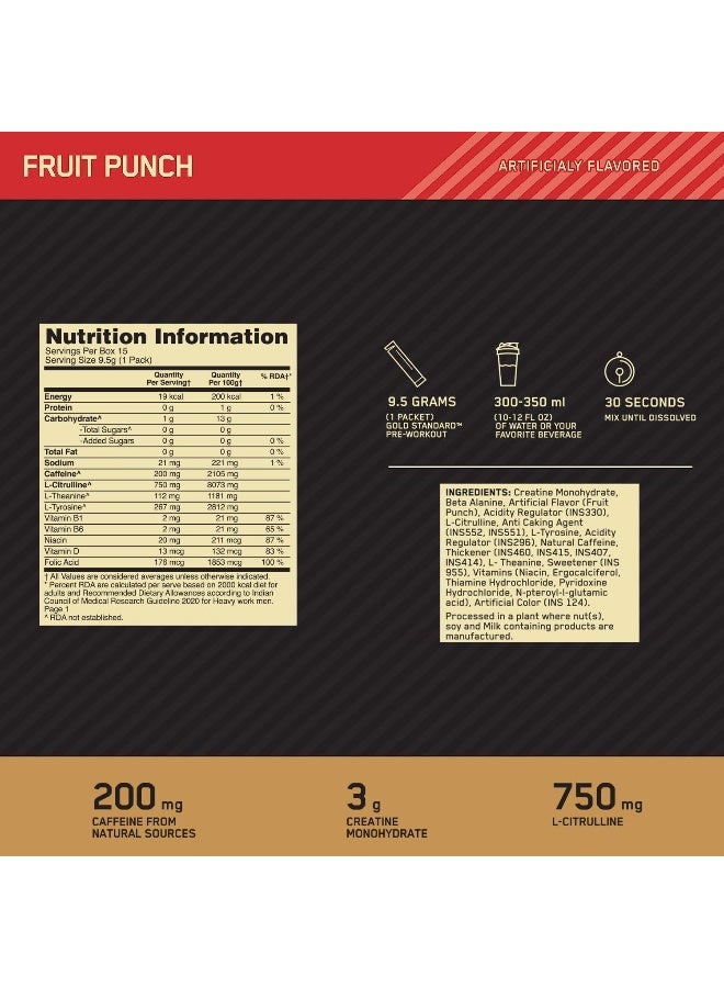 أوبتيموم نيوتريشن أوبتيموم نوتريشن (ON) معيار الذهب قبل التمرين - 142.5 جرام / 15 حزمة فردية (نكهة فواكه البونش) - Image 2