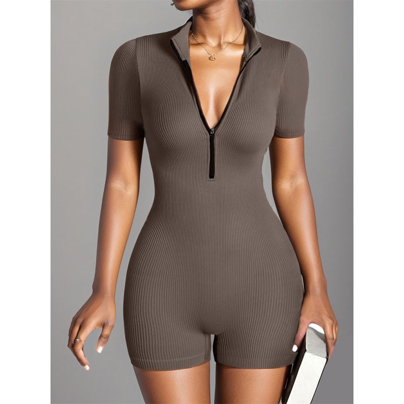 Women's Patterned Short-Sleeve Zip-Front Yoga Jumpsuit - Image 4