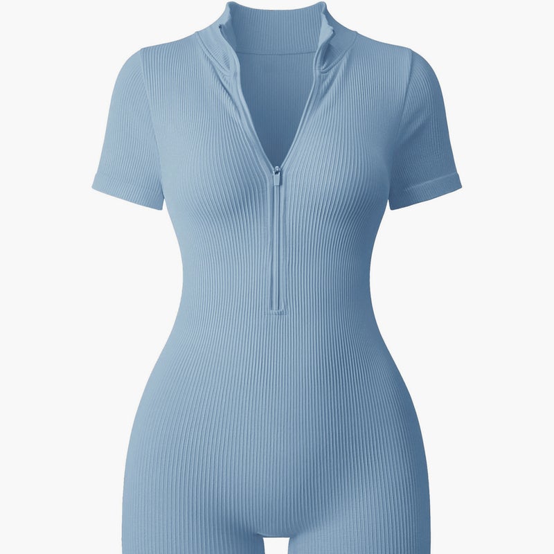 Women's Patterned Short-Sleeve Zip-Front Yoga Jumpsuit - Image 2