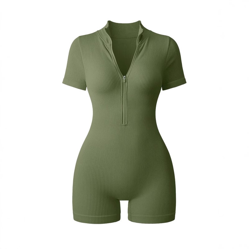 Women's Patterned Short-Sleeve Zip-Front Yoga Jumpsuit - Image 3