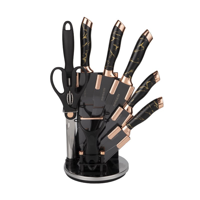 Stainless Steel Rotating Knife Set with Dual Electroplated Blades, Marble Pattern - 9-Piece Kitchen Knife Set