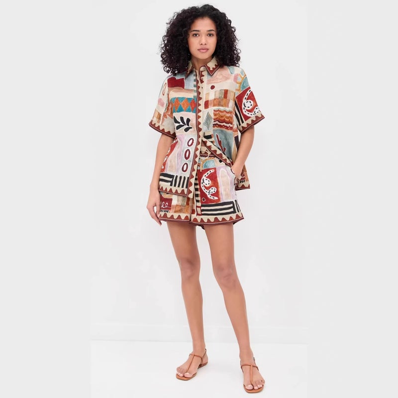 Women's Fashion Linen Printed Tracksuit Set - Image 1
