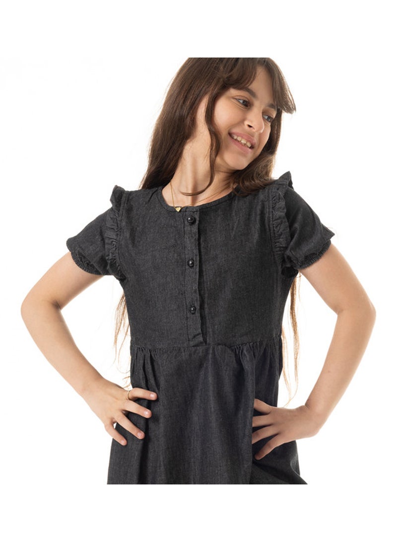 Andora Puffed Sleeves Girls Denim Dress - Black - Image 4