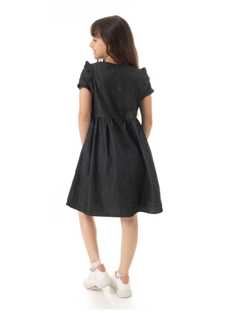 Andora Puffed Sleeves Girls Denim Dress - Black - Image 3