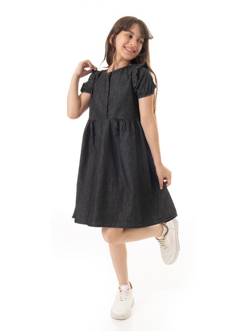 Andora Puffed Sleeves Girls Denim Dress - Black - Image 2