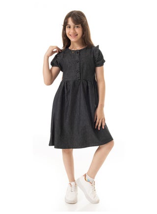 Puffed Sleeves Girls Denim Dress - Black