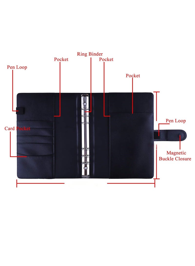 DUNISO A6 PU Leather Binder 6-Ring Notebook Binder Cover With 80 Sheets A6 Filler Paper, Refillable A6 Personal Planner Budget Binder With Magnetic Buckle Closure, Black  - Image 3