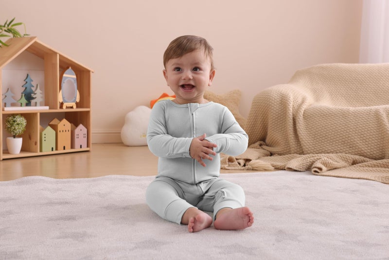 GUISBY Long Sleeve Cotton Pajamas Footless Baby Bodysuits with Zipper and Mittens 3-Pack for Boys Girls White+Grey+Blue 6-12 Months - Image 2