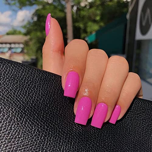 XCREANDO Hot Pink Nails Press ons Neon Pink Press on Nails Medium Square Glue on Nails Medium Length Short Acrylic Glue on Medium Coffin Fake Nails False Nails for Women Solid Color Gel Nails 24Pcs - Image 3