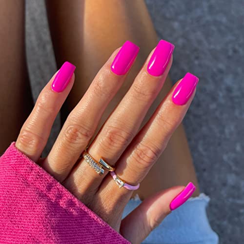 XCREANDO Hot Pink Nails Press ons Neon Pink Press on Nails Medium Square Glue on Nails Medium Length Short Acrylic Glue on Medium Coffin Fake Nails False Nails for Women Solid Color Gel Nails 24Pcs - Image 1