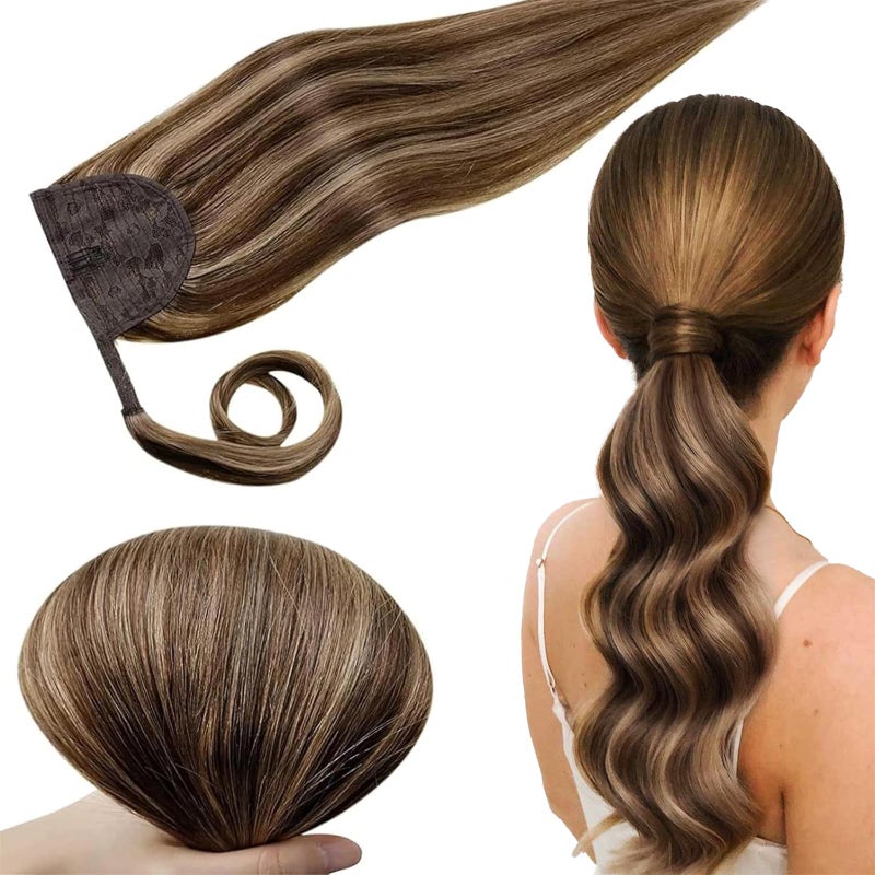 RUNATURE Real Hair Ponytail Extension Clip in Ponytail Extension Human Hair with Magic Paste Straight Soft Remy Human Hair Pony Tail 16 Inch 80g 3P12 Walnut Brown Highlight Caramel Blonde