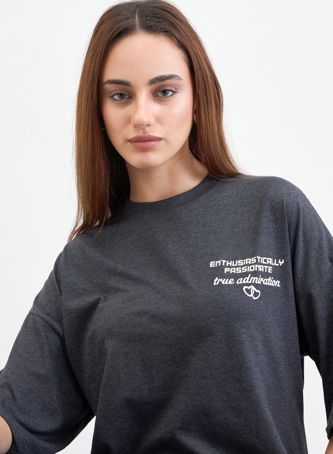 Styli Charcoal Slogan Print Oversized T-Shirt - Image 1