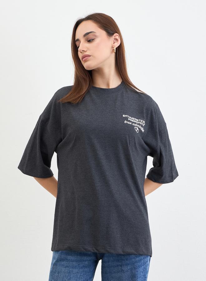 Styli Charcoal Slogan Print Oversized T-Shirt - Image 3